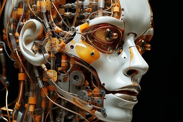 A cyborg girl s armor emits a cold glow, with metallic details reflecting light in the urban twilight