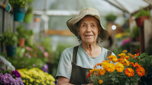 Concept flower seller in greenhouse, online shop. Portrait senior gardener woman working in garden farm plants