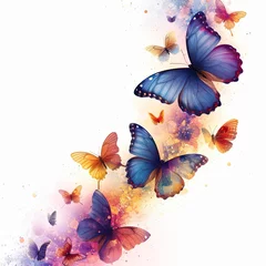 Fotobehang Many Beautiful Colorful Butterflies Flying, White Background, Illustrations Images © HKTArt4U