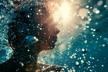 Athletic female figure surrounded by splashes of water, concept of variability, freedom, energy, freshness.