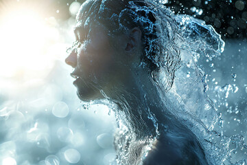 Athletic female figure surrounded by splashes of water, concept of variability, freedom, energy, freshness.