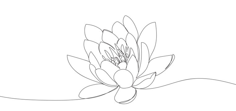 Lotus flower in single continuous line drawing style for logo or emblem.