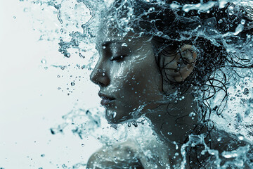 Athletic female figure surrounded by splashes of water, concept of variability, freedom, energy, freshness. on white