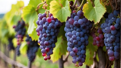 Naklejka premium fresh black and green grapes on the grapes tree branch in the grapes field with sunlight background photo 