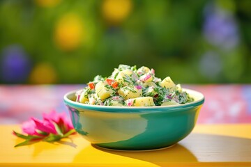 fresh potato salad in colorful bowl with a green table background
