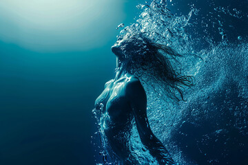 Athletic female figure surrounded by splashes of water, concept of variability, freedom, water elemental. on blue, underwater