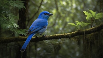 Naklejka premium Beautiful black-naped monarch bird on a tree branch with flowers in the jungle background photo