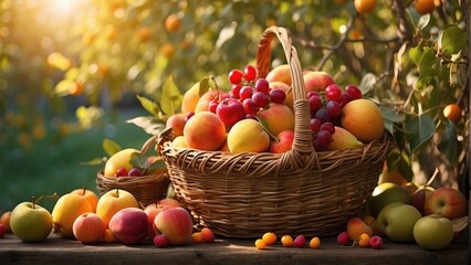 various fresh fruits in a basket of the apples fields photo