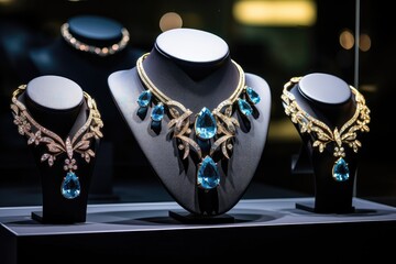 Elegant necklaces with blue gemstones on display stands.