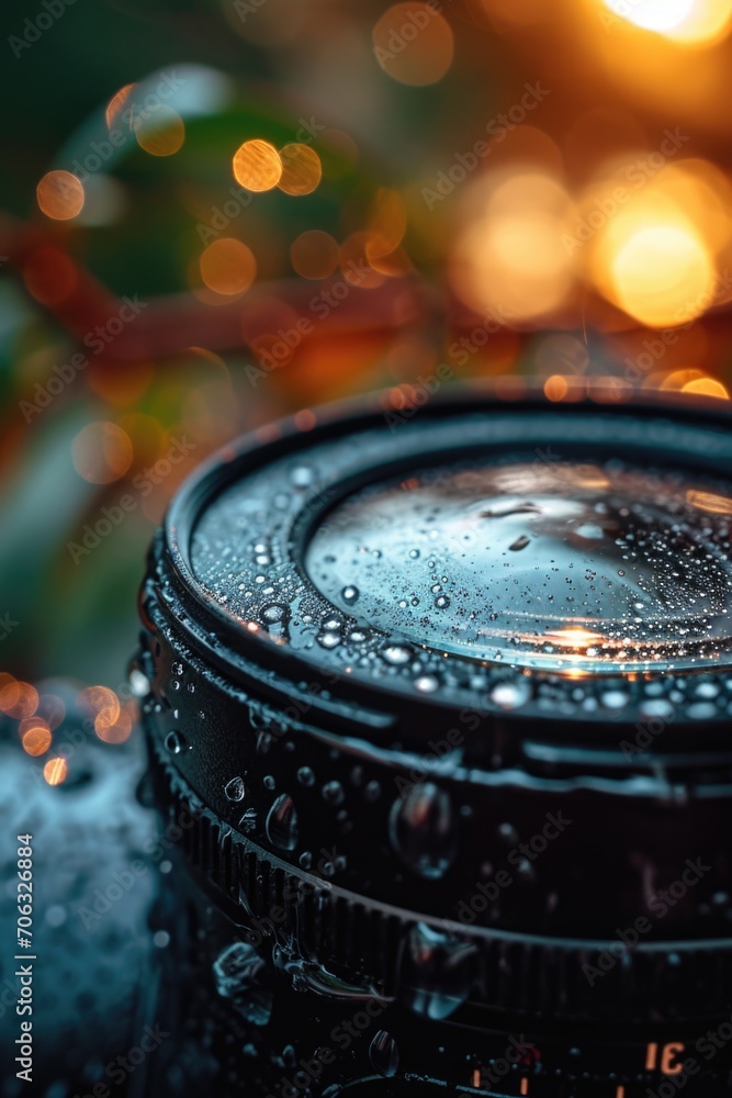 Poster close-up view of a camera lens with water droplets on it. perfect for illustrating the effects of wa