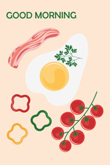 Breakfast menu with bacon and eggs and fresh vegetables, advertising poster, flyer design. Vector illustration.