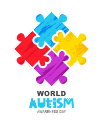 World Autism Awareness Day. Stylish lettering. Colorful puzzle with hearts made of brush strokes. Medicine and healthcare