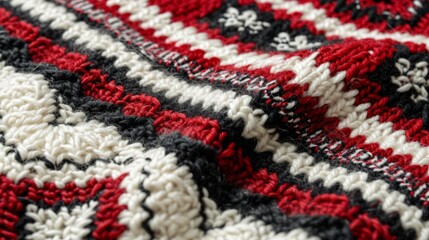 Knitted Christmas and New Year wool pattern. Christmas joys with knitted elements. Close-up of Sweater Design.