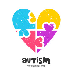 Colorful puzzle with hearts in the shape of a heart. Autism Awareness Day. Lettering. Elements for the design.