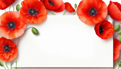 Biała kartka z miejscem na tekst otoczona czerwonymi kwiatami maków - obrazy, fototapety, plakaty