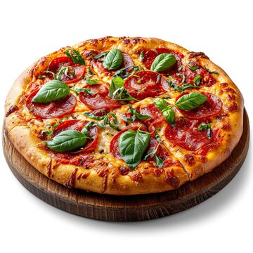 Pizza On Wooden Table, White Background, Illustrations Images