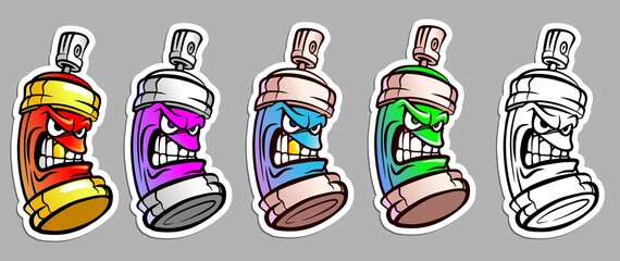Cartoon, angry spray paint. Set of different colors of paints. Vector graphics.