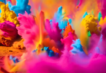 Colored powder explosion. Abstract closeup dust on backdrop