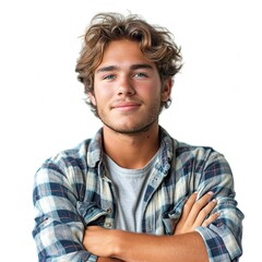 Fototapeta premium Portrait Happy Young Man Posing Arms, White Background, Illustrations Images