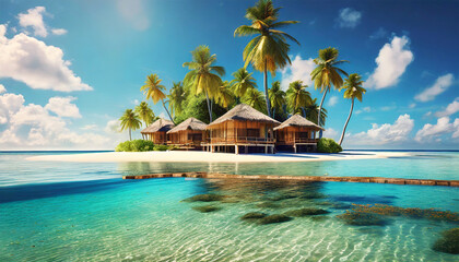 Small tropical island with huts and palm trees surrounded by blue sea water, in the background a beautiful clear blue sky with white clouds. Generative Ai. - obrazy, fototapety, plakaty