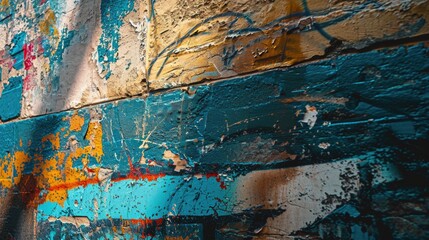 A vibrant blue and yellow wall covered in graffiti. Perfect for urban art or street culture themes