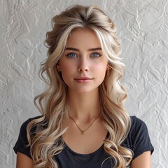 Portrait Pretty Blonde Girl Long Hair, White Background, Illustrations Images