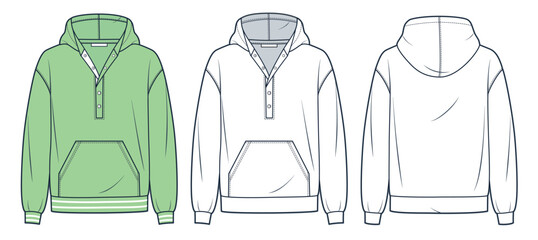  Hoodie technical fashion illustration. Sweatshirt fashion flat technical drawing template, pocket, hood, button closure, front and back view, white, green, women, men, unisex CAD mockup set. - obrazy, fototapety, plakaty