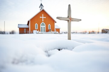 wooden cross on snowy ground near a country church