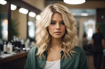 Fototapeta premium Beautiful hairstyle of a young adult woman with blonde hair in a hair salon, after getting a new haircut, and hair dyes.
