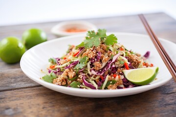 asian slaw with red cabbage, white sesame seeds topping