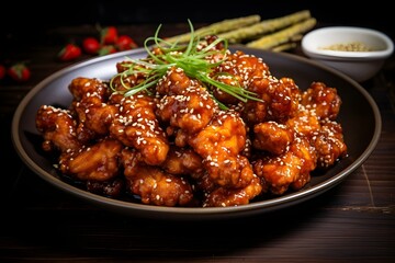Fototapeta premium Dakgangjeong, crispy and glazed Korean fried chicken, a delectable blend of sweet, spicy