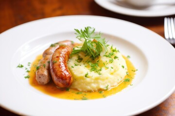 plate of bangers and mash with a sprig of parsley