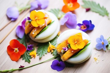 colorful vegan bao buns with edible flowers