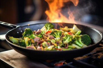 close-up of beef and broccoli stir-fry in a wok on high flame - obrazy, fototapety, plakaty