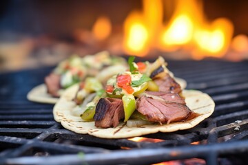 grilled beef taco with char marks on tortilla on grill
