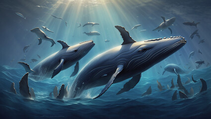 Obraz na płótnie Canvas Humpback whale playfully swimming in clear blue ocean