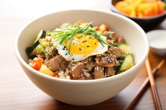 beef bibimbap with sesame seeds sprinkled on top