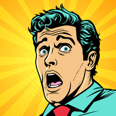 Shocked young man with wide open eyes and open mouth, vector illustration in retro pop art comic style