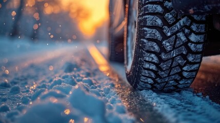 Snowy Road Closeup. Winter Tires with Bokeh Snowfall in Background - obrazy, fototapety, plakaty