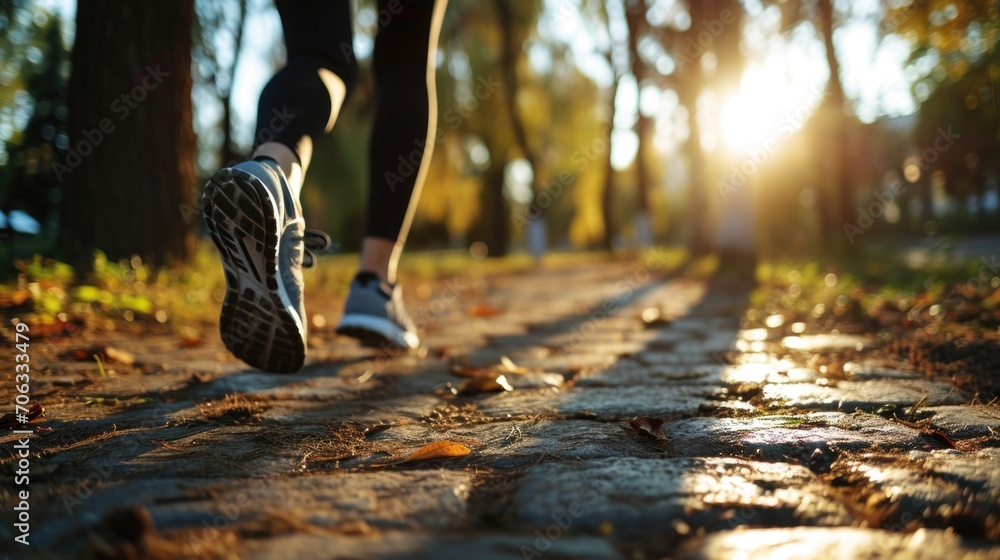 Poster a person is captured running on a path illuminated by the sun. this image can be used to depict fitn