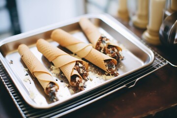 baking sheet filled with golden-brown cannoli shells - obrazy, fototapety, plakaty