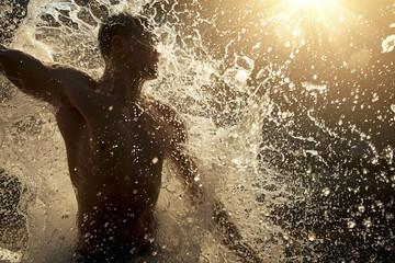 Athletic male figure surrounded by splashes of water with sunlight, concept of strength, freedom, energy, freshness.