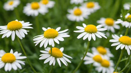 German chamomile flower wallpaper, Medicine plant wallpaper, Closed of Chamomile garden-field little yellowish-white flowers commonly called German chamomile daisy. One of the popular herbs. - obrazy, fototapety, plakaty