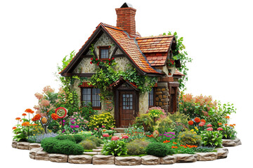 Fototapeta na wymiar Cottage in a Flower Garden isolated on transparent background