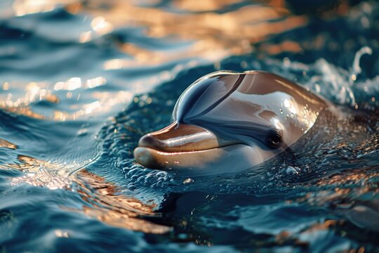 A close-up photograph capturing a dolphin swimming in the water. Suitable for aquatic-themed projects and nature publications