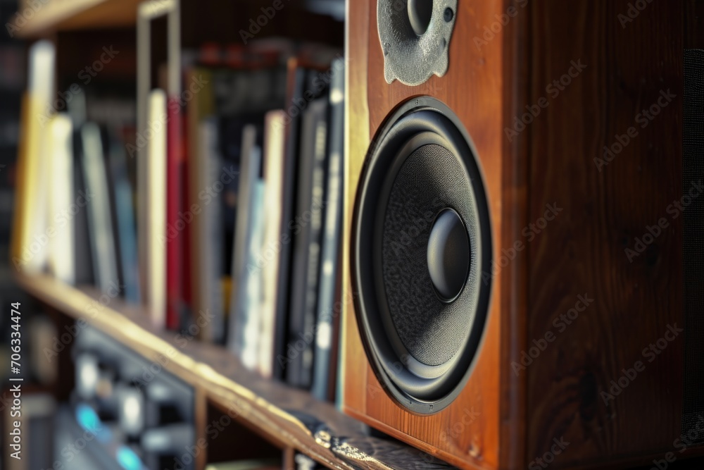 Poster A bookshelf filled with a wide variety of books and speakers. This versatile image can be used to depict education, literature, music, or home decor themes