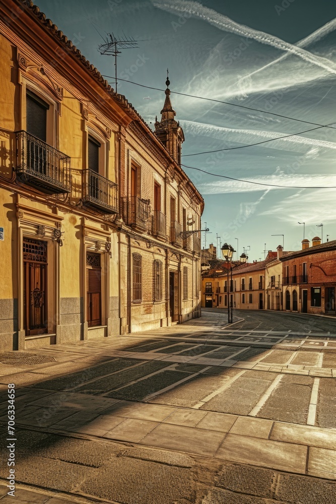 Poster an empty street with a clock tower in the distance. this image can be used to depict a quiet urban s