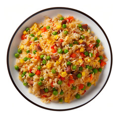 top view photography of a plate of fried rice isolated on a transparent background created with Generative Ai