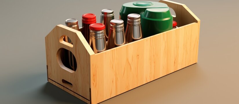 Ergonomic wooden box for sorting and recycling household waste including plastic bottles, foil, and aluminum cans.