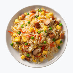 top view photography of a plate of fried rice isolated on a transparent background created with Generative Ai